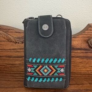 Montana West Embroidered Gray Wallet Crossbody with Turquoise Accents